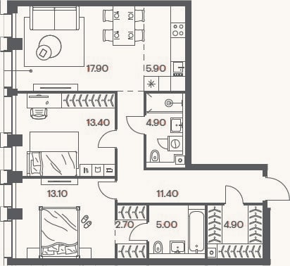 Планировка: 3-к, 79,2 м²