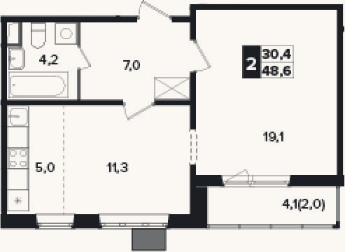Планировка: 2-к, 46,6 м²