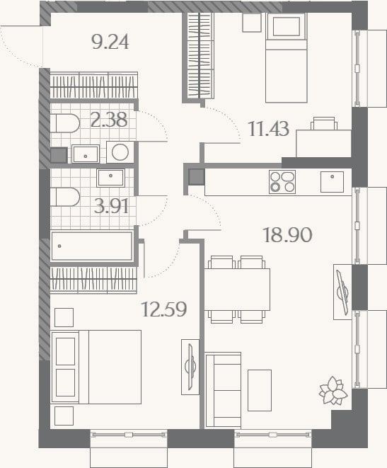 Планировка: 3-к, 58,5 м²