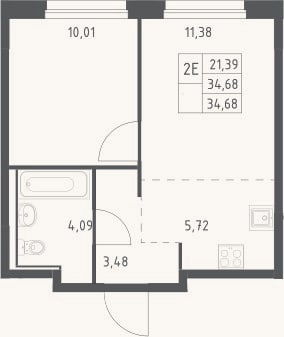 Планировка: 2-к, 34,7 м²