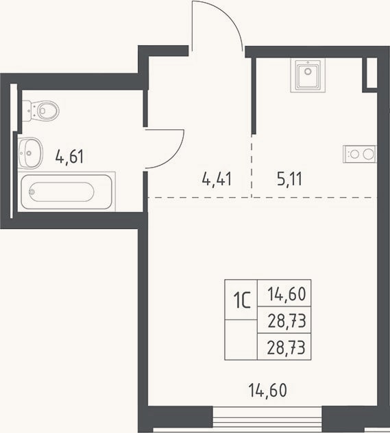 Планировка: Студия, 28,7 м²