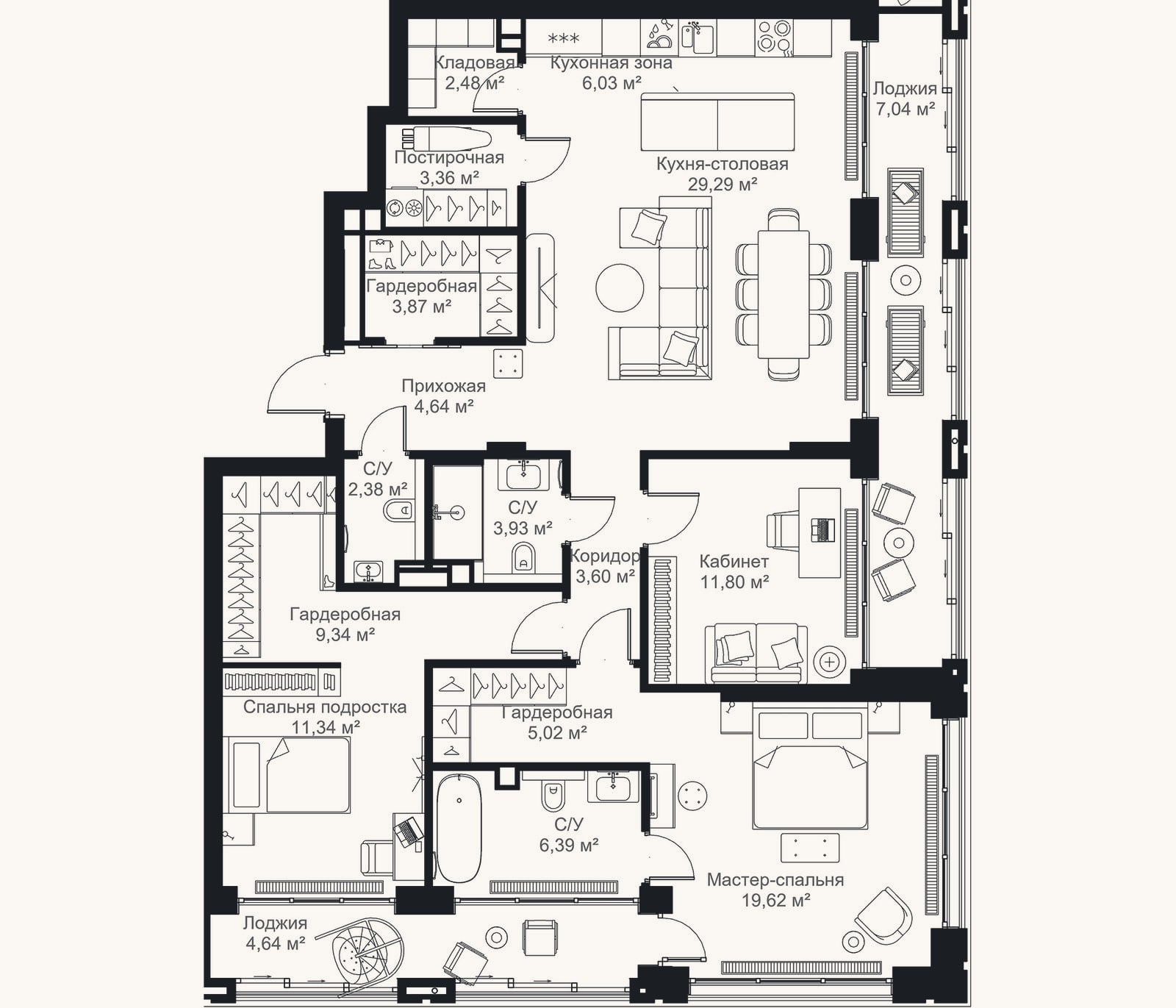 Планировка: 3-к, 123,1 м²