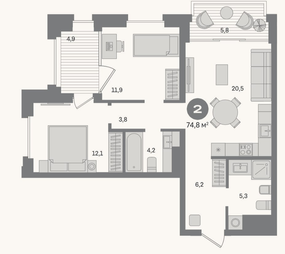 Планировка: 2-к, 64,1 м²