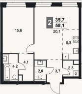 Планировка: 2-к, 58,1 м²