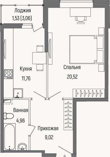 Планировка: 1-к, 46,3 м²