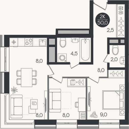 Планировка: 2-к, 50 м²