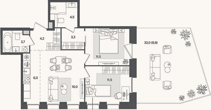 Планировка: 3-к, 60,7 м²