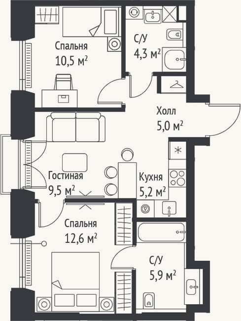 Планировка: 3-к, 52,9 м²