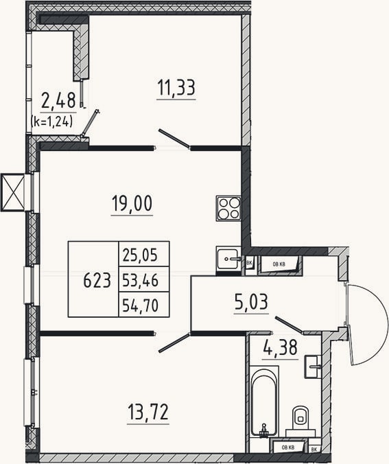 Планировка: 3-к, 53,5 м²