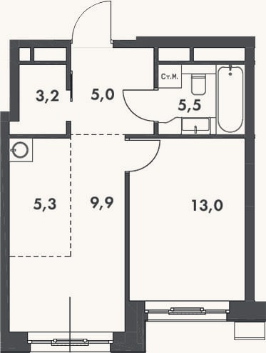 Планировка: 2-к, 41,9 м²