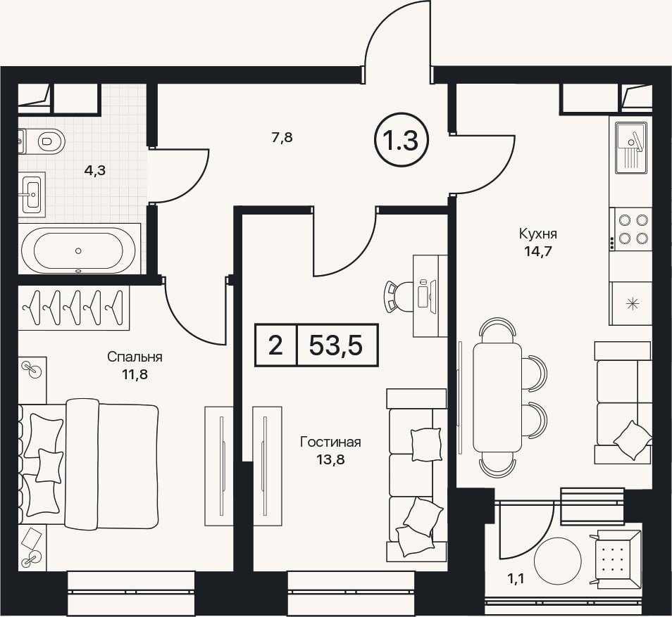 Планировка: 2-к, 52,4 м²
