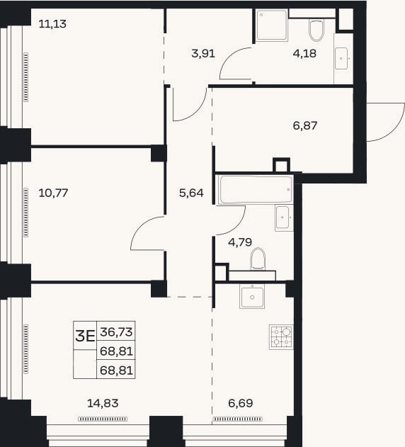 Планировка: 3-к, 68,8 м²