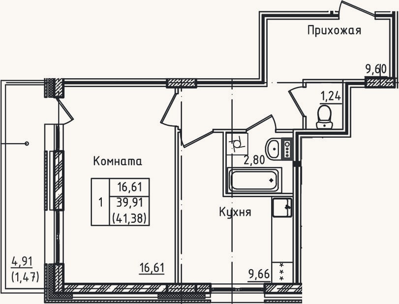 Планировка: 1-к, 39,9 м²