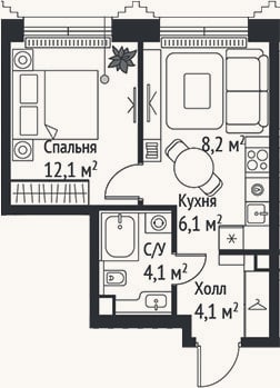 Планировка: 2-к, 34,6 м²