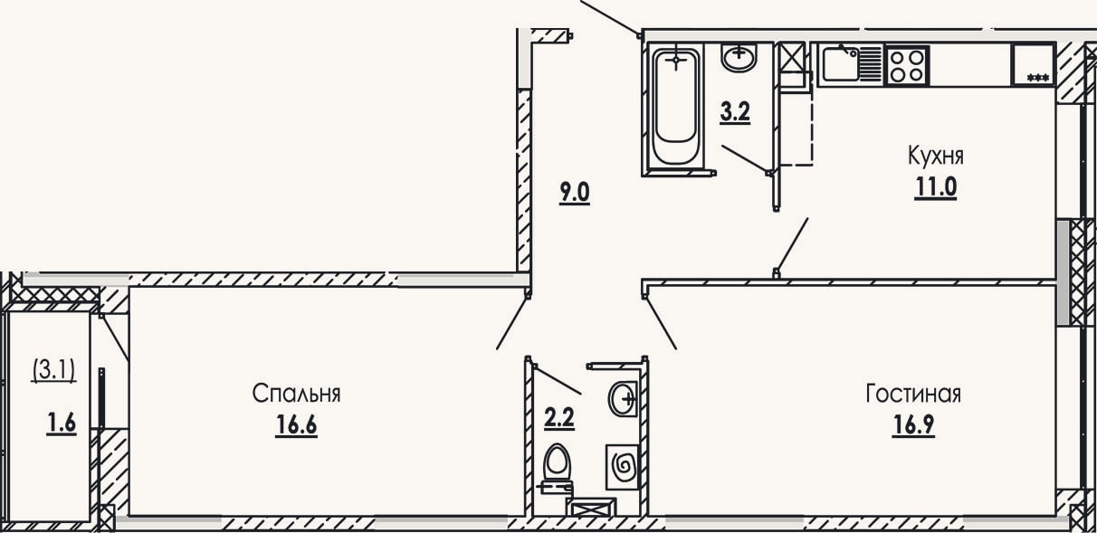 Планировка: 2-к, 58,9 м²