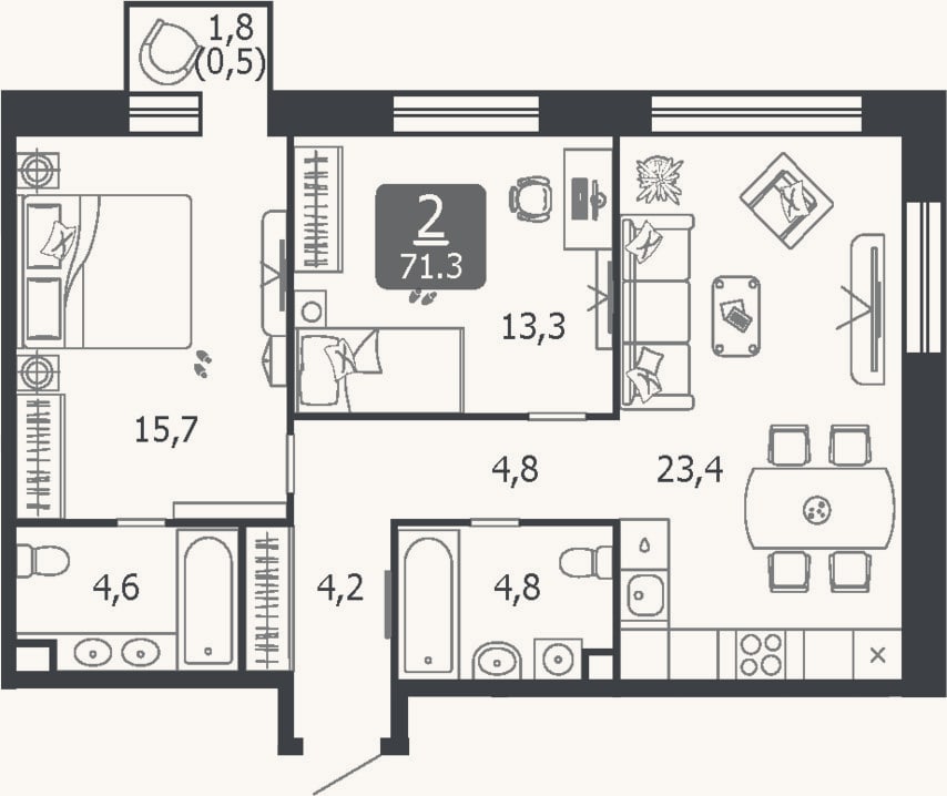 Планировка: 3-к, 70,8 м²