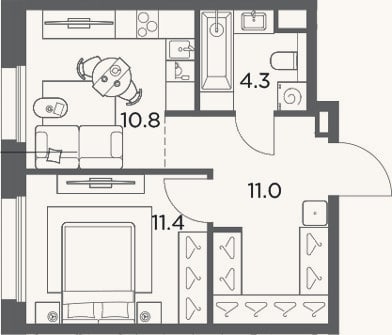 Планировка: 1-к, 37,5 м²