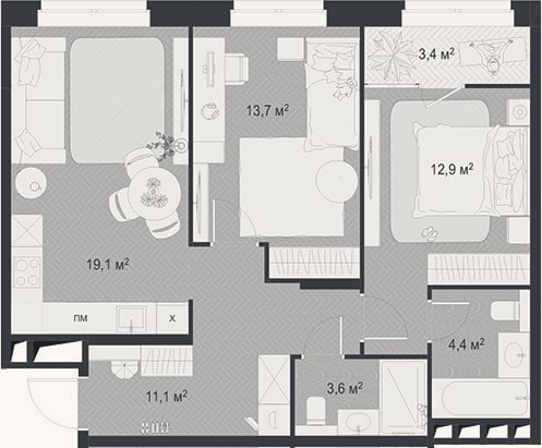 Планировка: 3-к, 64,8 м²