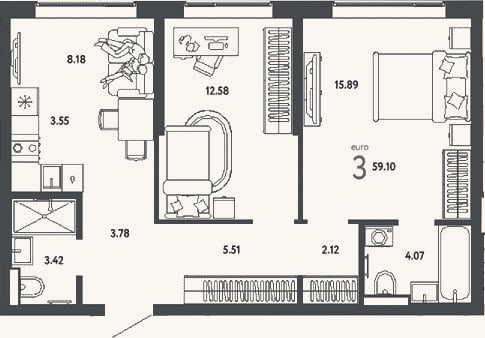 Планировка: 3-к, 59,1 м²