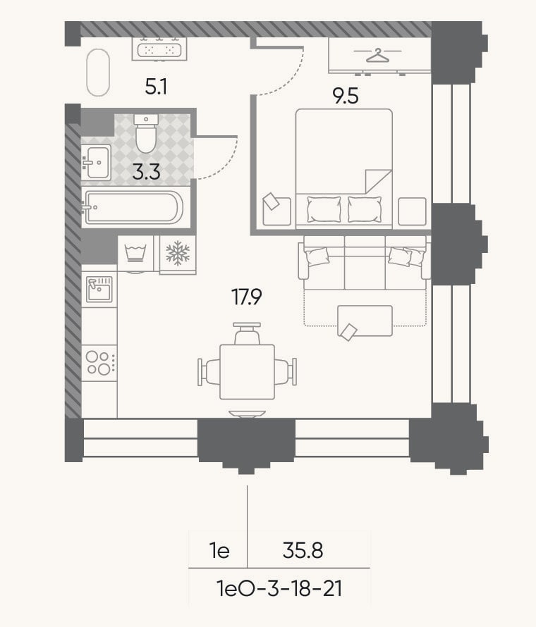 Планировка: 2-к, 35,8 м²