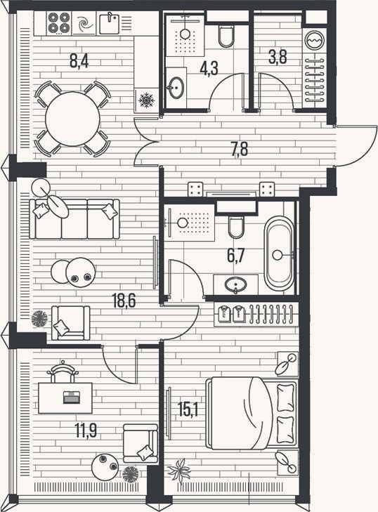 Планировка: 3-к, 76,6 м²