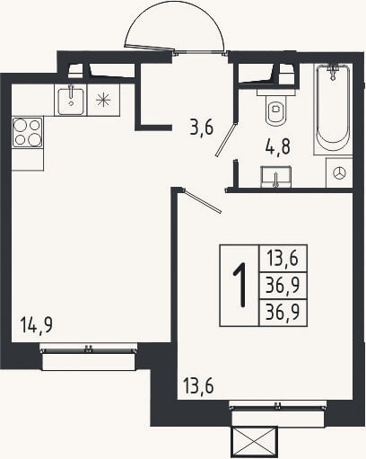Планировка: 1-к, 36,9 м²