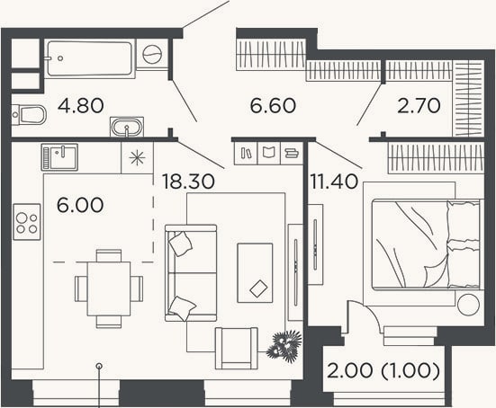 Планировка: 2-к, 49,8 м²