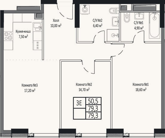 Планировка: 3-к, 79,3 м²