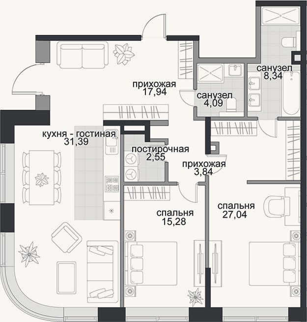 Планировка: 3-к, 110,5 м²
