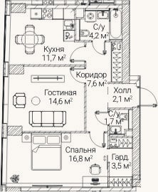 Планировка: 2-к, 61,7 м²