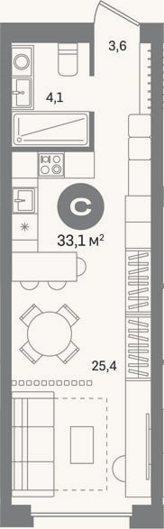 Планировка: Студия, 33,1 м²