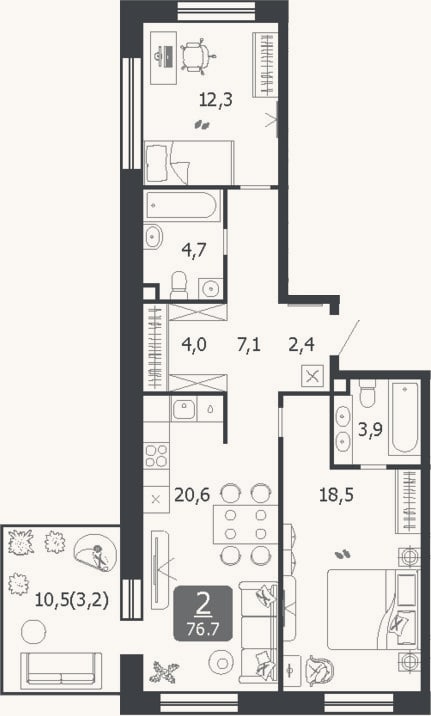 Планировка: 3-к, 73,5 м²