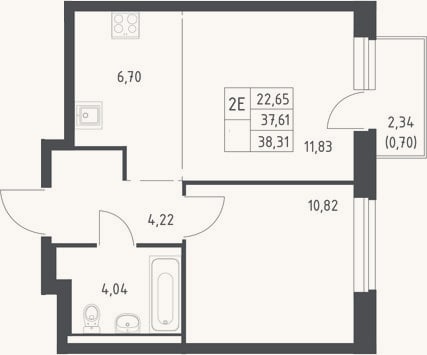Планировка: 2-к, 37,6 м²