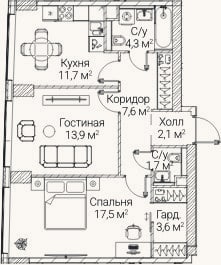Планировка: 2-к, 62 м²
