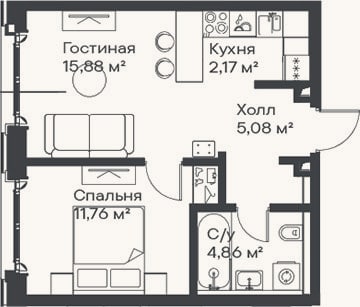 Планировка: 2-к, 39,8 м²