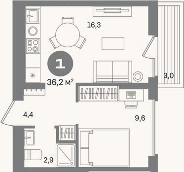 Планировка: 1-к, 33,2 м²