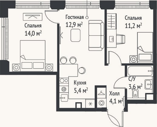Планировка: 3-к, 51,3 м²