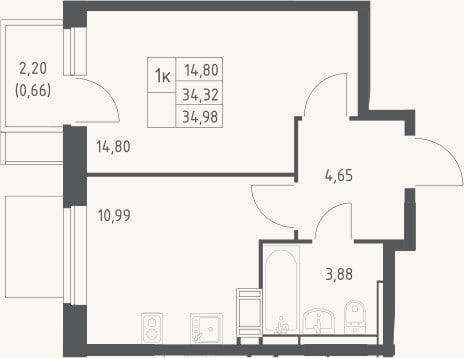 Планировка: 1-к, 34,3 м²
