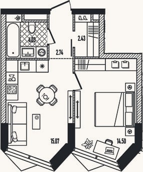 Планировка: 2-к, 38,8 м²