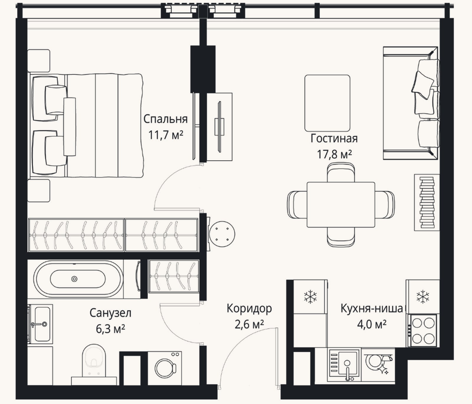 Планировка: 2-к, 42,4 м²
