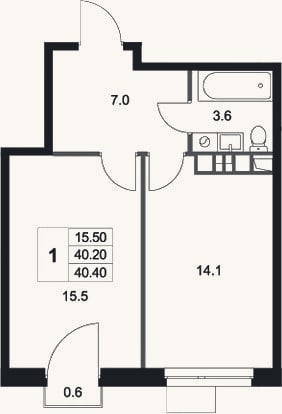 Планировка: 1-к, 40,2 м²
