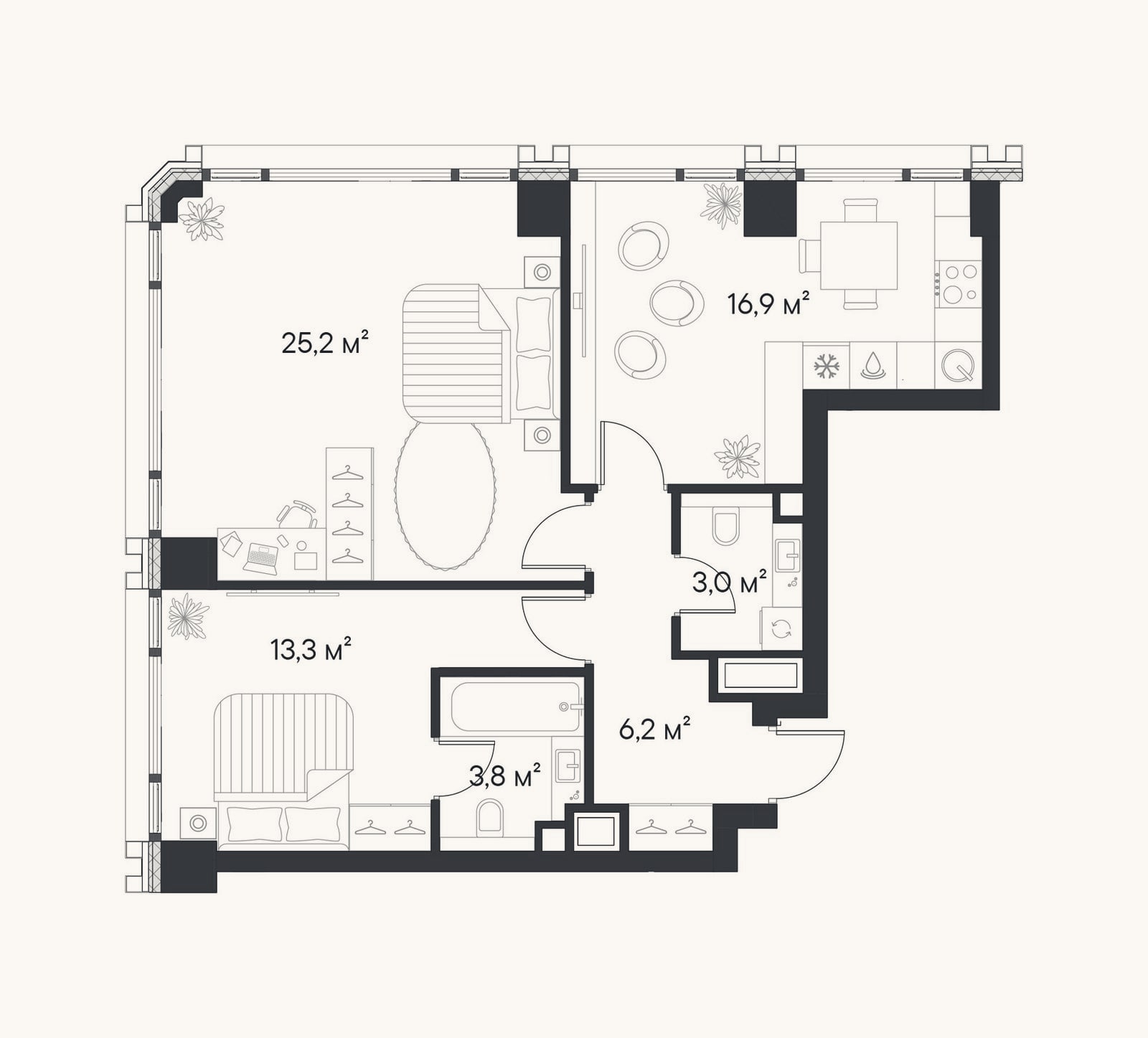 Планировка: 2-к, 68,4 м²