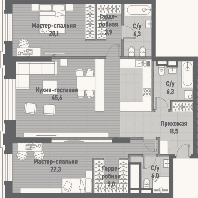 Планировка: 3-к, 122,3 м²