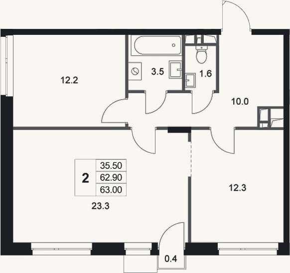 Планировка: 2-к, 62,9 м²