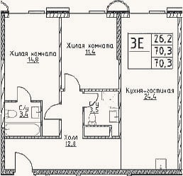 Планировка: 3-к, 70,3 м²