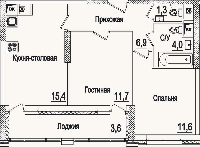 Планировка: 3-к, 50,9 м²