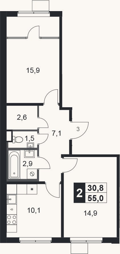 Планировка: 2-к, 55 м²