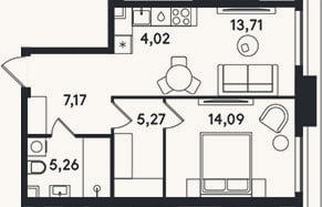 Планировка: 2-к, 49,5 м²