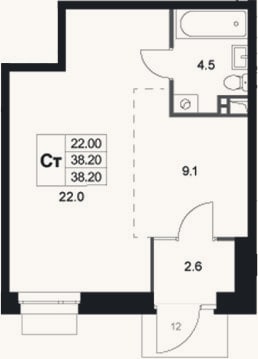 Планировка: Студия, 38,2 м²