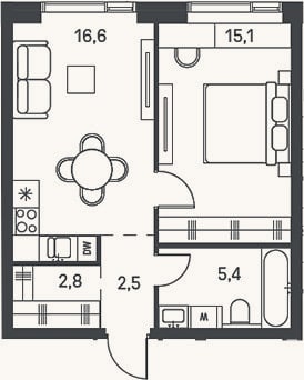 Планировка: 2-к, 42,4 м²
